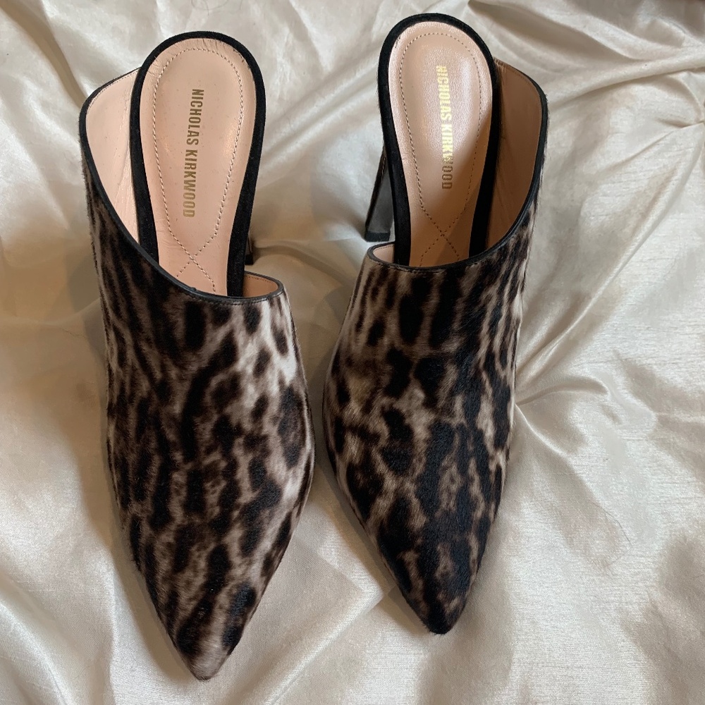 NWOB Nicholas Kirkwood Leopard print Animal Hair Mule Heels sz 39